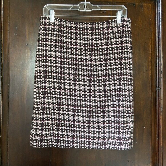 Theory Womens Size 4 Burgundy  Pink Plaid Tweed Wool Angora Pencil Skirt - Picture 1 of 6